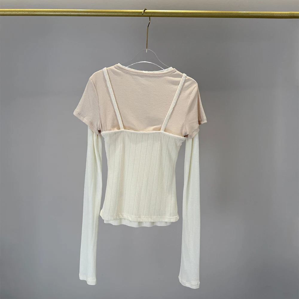 Women 100% Cotton Fake Two‑Piece Long Sleeve T‑Shirt Lace Trim Bow Decor Cami Spliced Slim Fit Crew Neck Y2K Layering Tops
