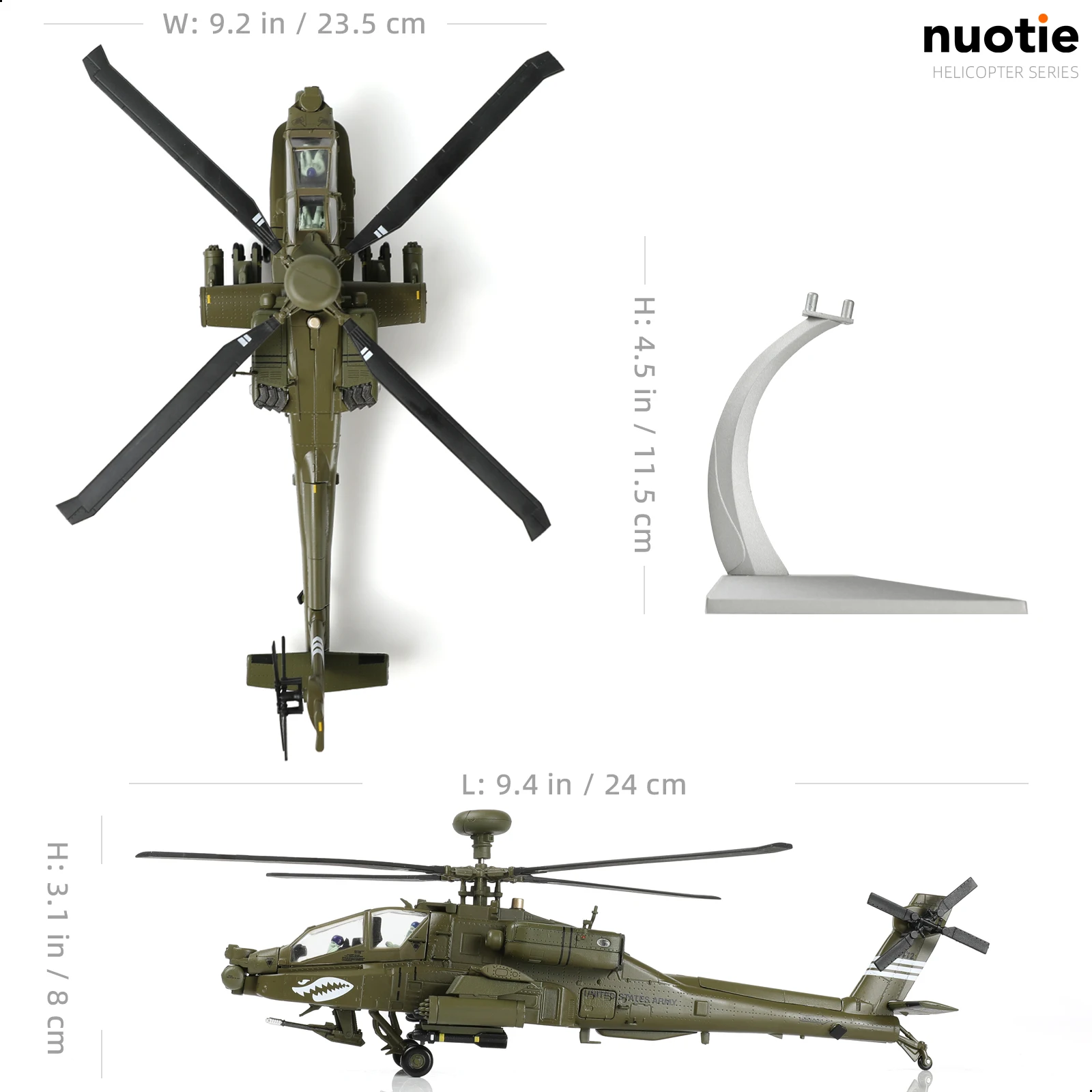 NUOTIE 1/72 AH-64 Apache US Army Diecast Metal w/Stand & Display & Kit Attack Helicopter Model for Collectors