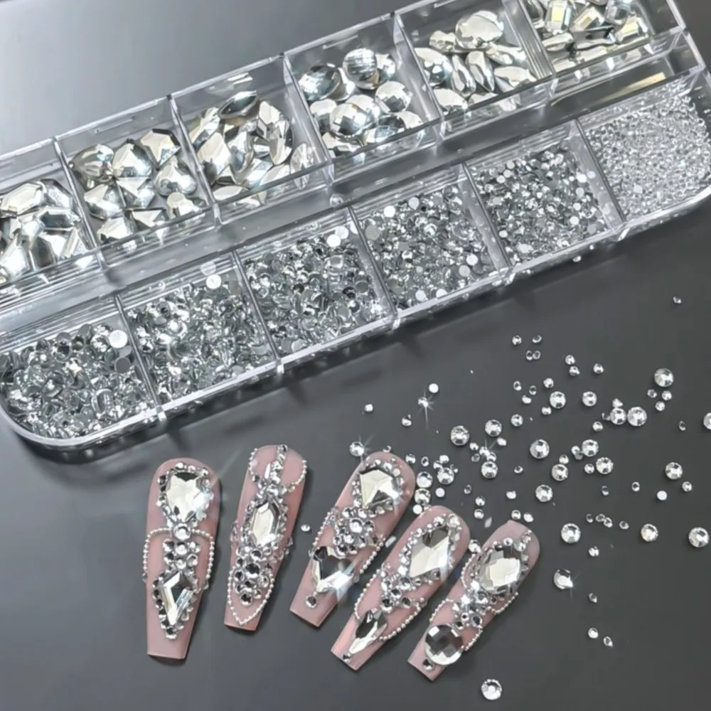 12Grids Clear Glass Diamond Nail Rhinestones Kit Multi-Shape Flatback Crystal Gems Luxury Crystal Rhinestone Nail Art Decoration