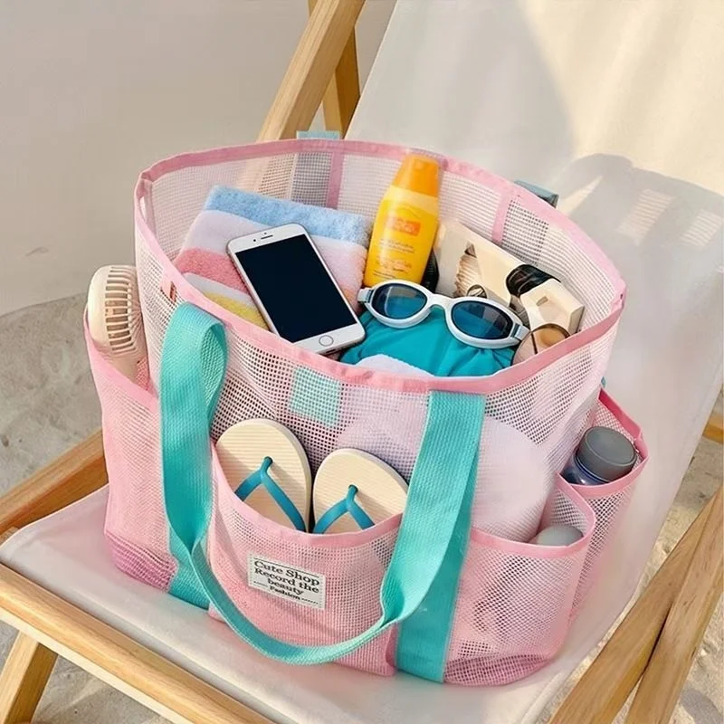 Macaron Color Mesh Beach Tote Bag Multi Pockets Large Capacity Breathable Handbag Women Summer Outdoor Swimming Pool Travel Shop