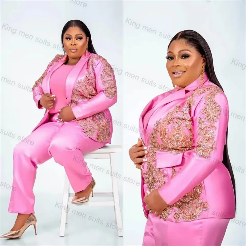 

Plus Size 2 Piece Formal Women Suit Set Blazer+Pants Beaded Custom Made Office Lady Wedding TuxedoSatin Jacket Autumn Prom Coat