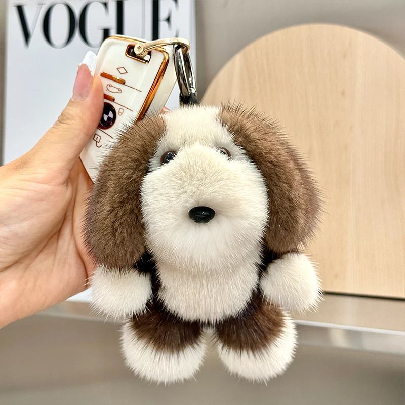 Plush Real Mink Fur Dog Pendnat Keyring Cute Puppy Kids Women Bag Car Key Ring Ornaments Charm Keychain Birthday Gifts