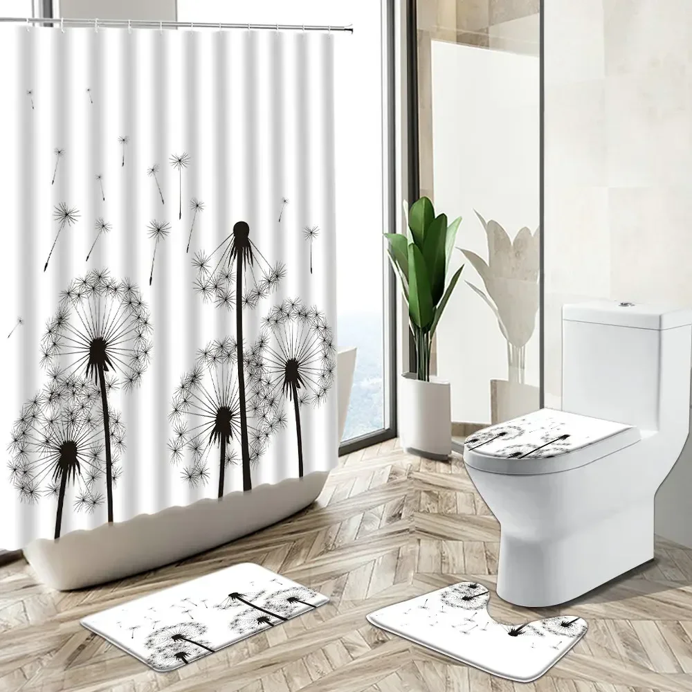 Dandelion Flower Pattern Shower Curtain Set Black White Creativity Design Decor Bath Mat Toilet Cover Flannel Bathroom Carpet