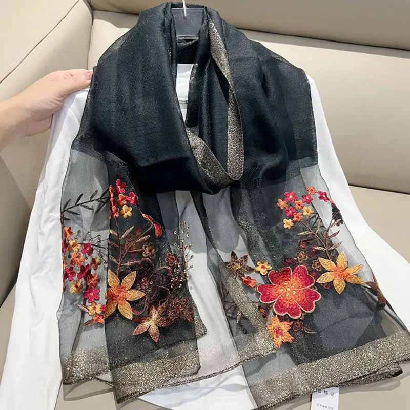 

Large Silk Wool Scarf Fashon Beach Shawl for Women Neckerchief Embroidery Female Foulard Stoles Bandana Scarves bufanda poncho