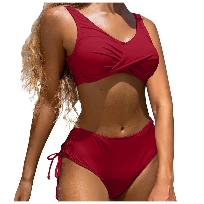 

2026 New Solid Cross Tie High Waist Two Piece Bikini Set Push Up Sexy Swimwear For Beach Pool Holiday Wear