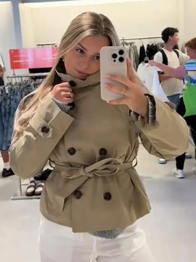 

2025 Autumn Long Sleeve Double Breasted Jacket Lady High Street Chic Outerwear Fashion Stand Collar Belt Trench Coats For Women