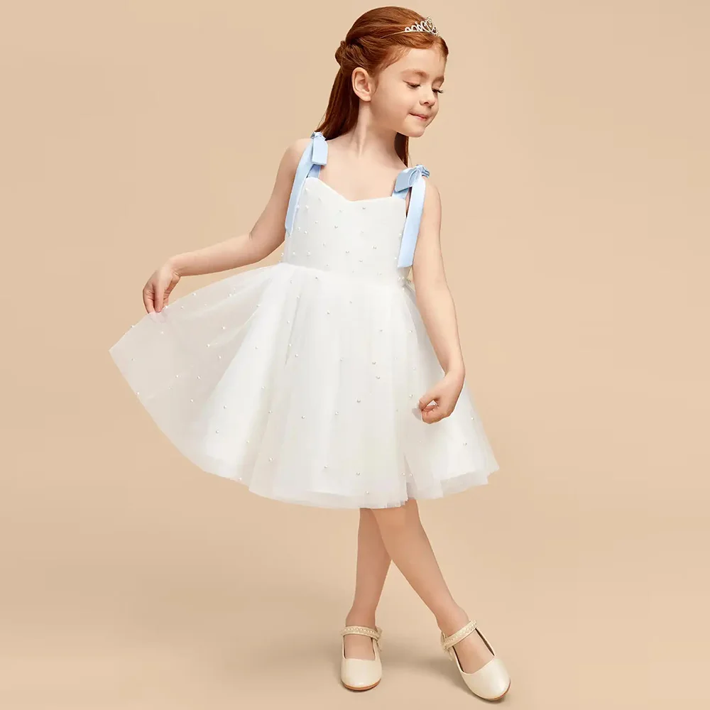Customized White Pearls Tulle Flower Girl Dresses for Wedding A-Line First Communion Dress Bow Straps Birthday Party Gowns