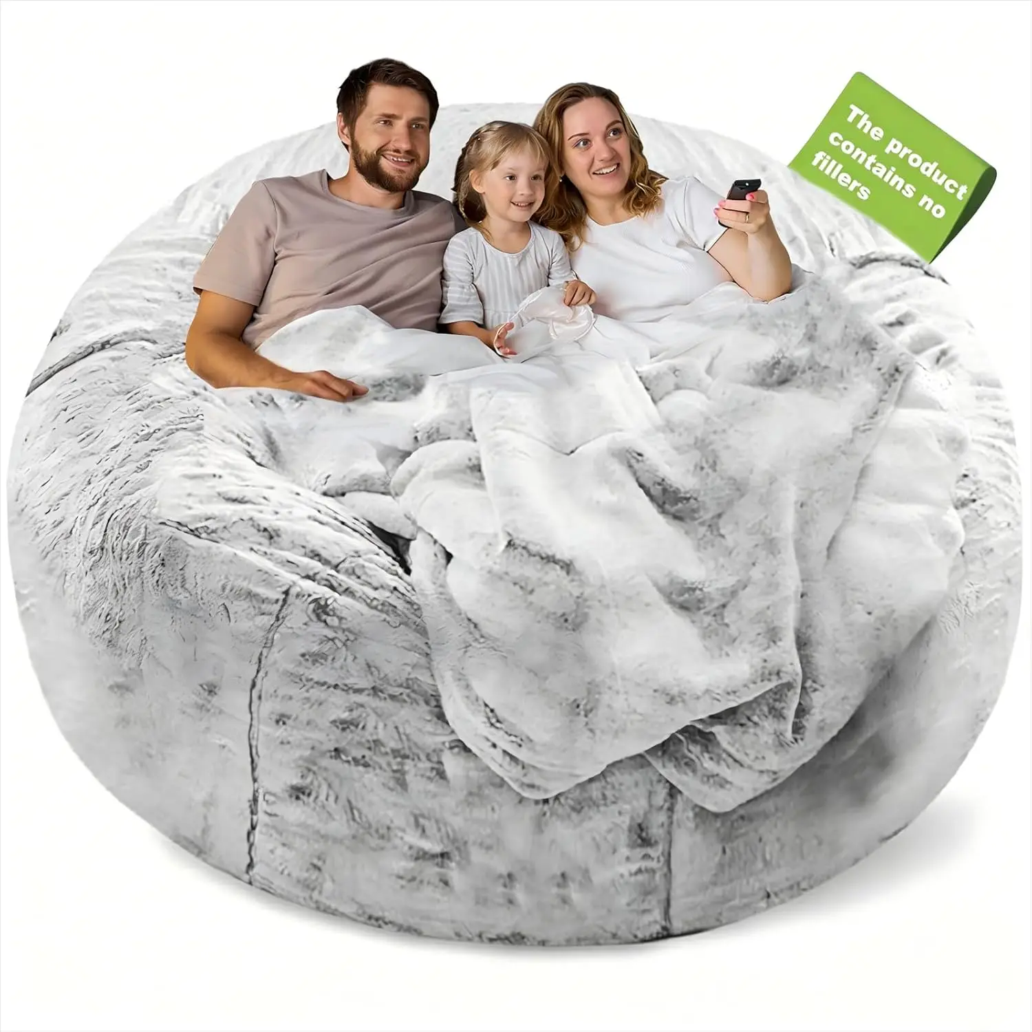 

Soft Fluffy Washable Bean Bag Chair Cover, No Filler Included, Big Round Lazy Sofa Bed for Adults, 6ft Snow Grey