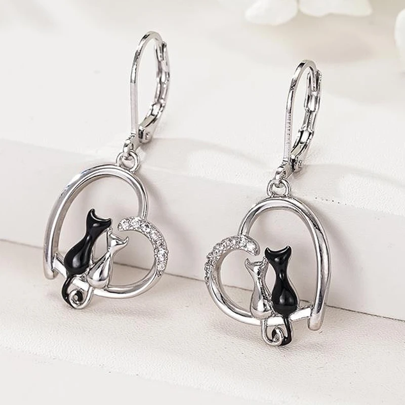 Huitan Romantic Heart Women Drop Earrings Silver Color/Black Cat Shaped Elegant Cute Animal Accessories for Party Jewelry Gift