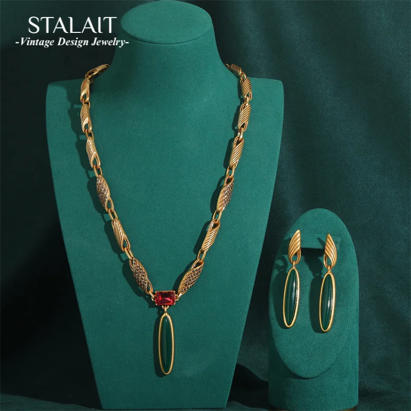 

Vintage Green Necklace Set For Wedding Willow Leaf Earrings Antique Jewelry Luxury Glass Gold Color Rhinestones New 2025 Trend