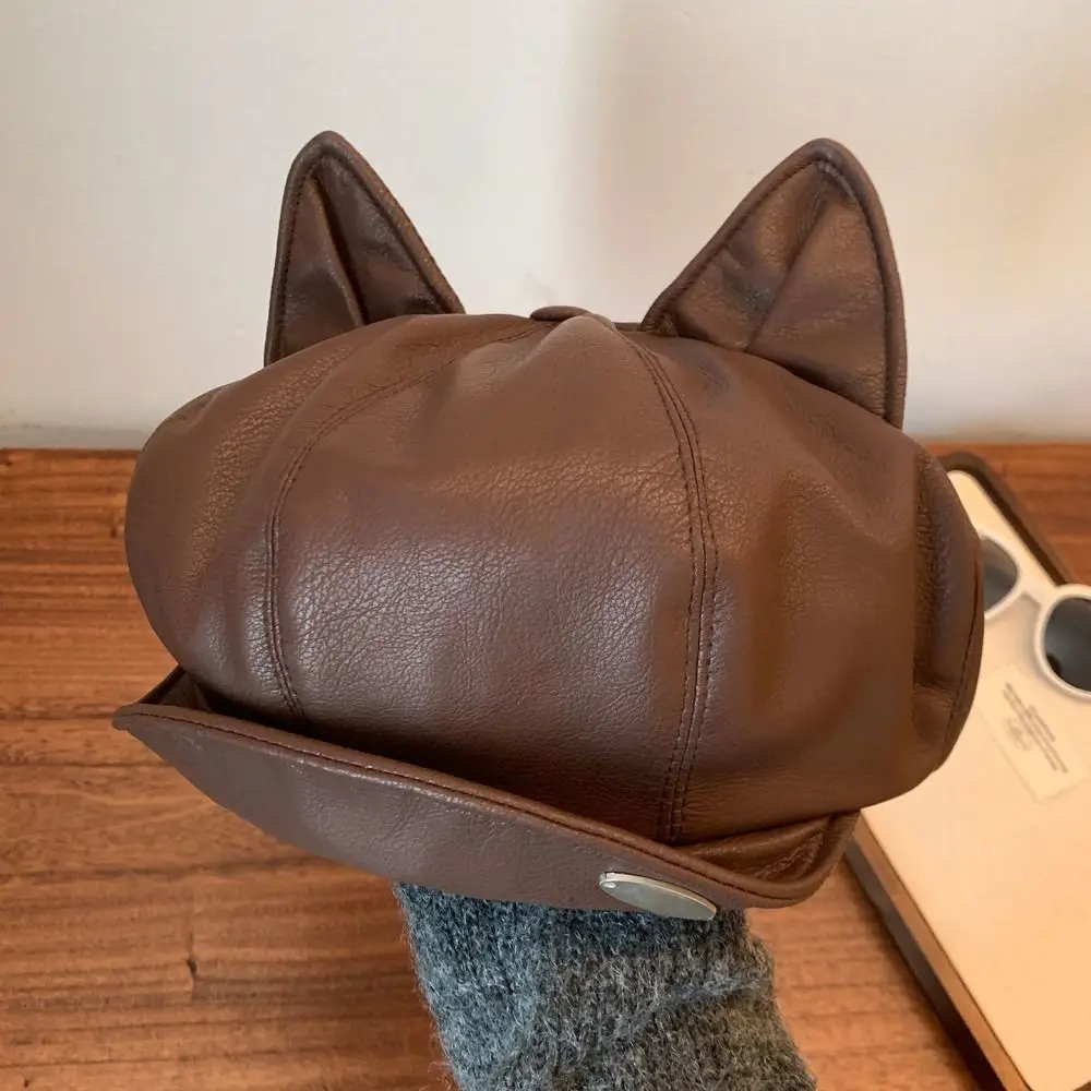 Elegant PU Leather Cat Ear Beret Cute Ear Design Retro Style Newsboy Cap Black/Coffee Leather Beret Hat All Seasons