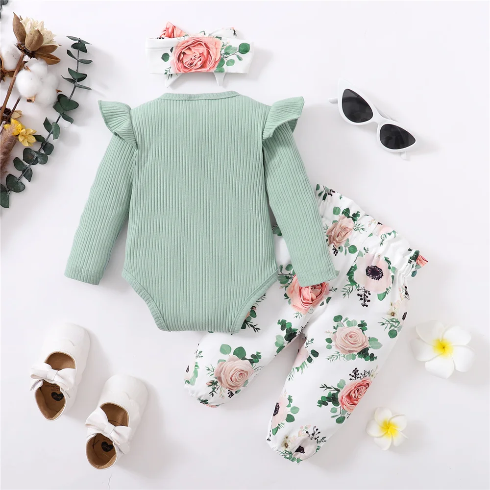 Newborn Baby Girl Autumn Set Letter Long Sleeved Bodysuit + Bow Printed Pants + Headband Fit 0-12 Months Female Babies Fashion S