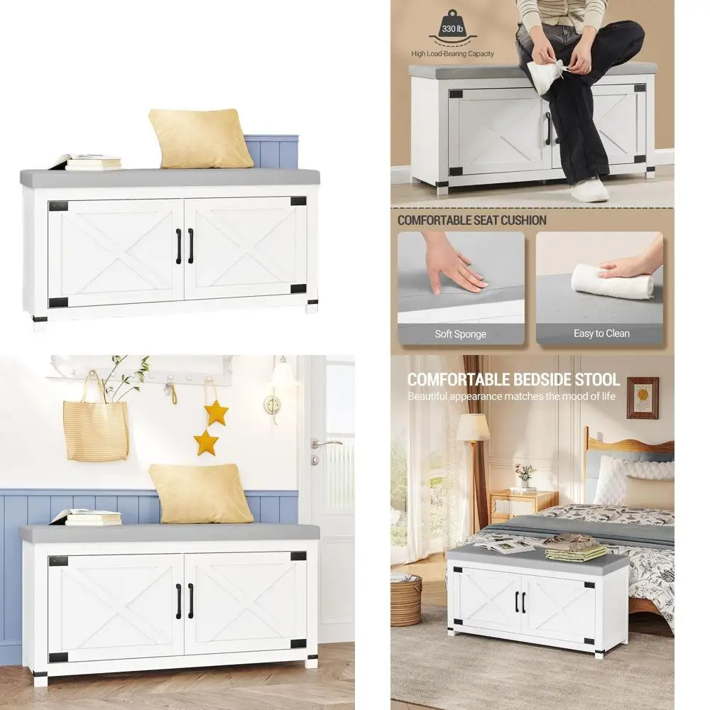 

2-Tier Shoe Storage Bench with Padded Seat and Barn Doors for Entryway and Farmhouse Style Living Spaces