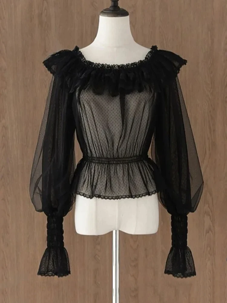 بلوزة لوليتا ستايل للنساء قمصان تونيك برقبة مائلة قطع علوية قصيرة 2025 Blusas Mujer De Moda مكشكشة بأشرطة تونك بلوزات صيفية