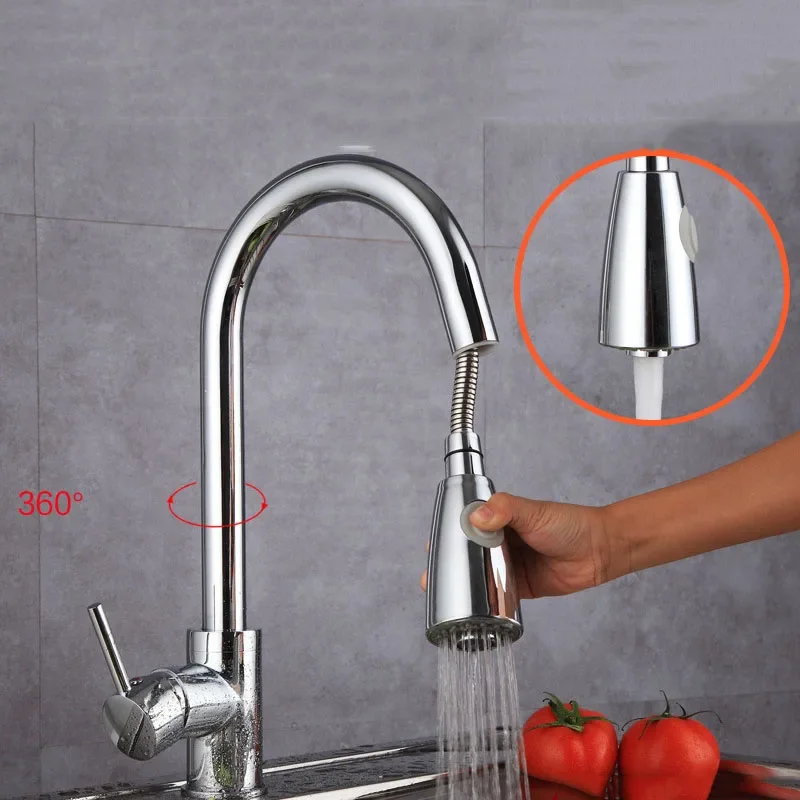 Kitchen Faucet Brass Pull Out Water Sink Tap Swivel Spout Cold Hot Water Mixer Tap 360 Degree Rotation 2 Way Function Water Tap