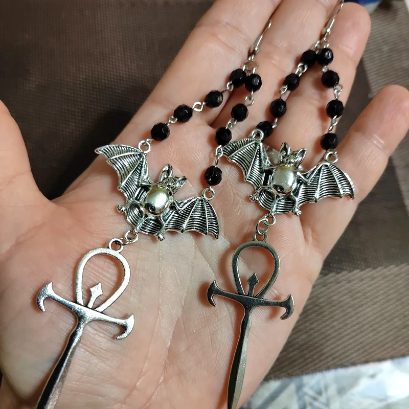 

Vampire Bat Cross Earrings,AnkhBlack Crystal Dangle Earring,Occult Gothic Jewelry Gifts