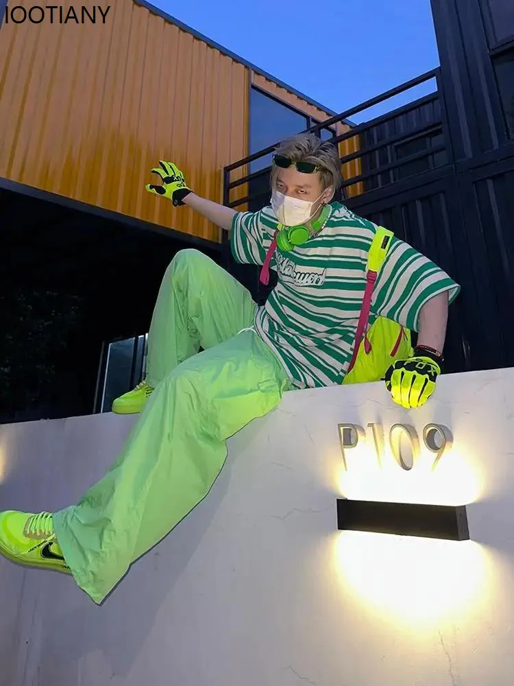 Oversized Y2k Green Dopamine Workwear Parachute Pants Men's Fashion Casual Trousers Men Loose Street Hip-hop Sports Korean Wave