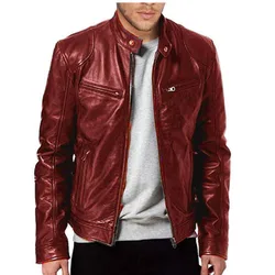 Decorative Jackets PU Leather Coat Stand-up Collar Y2K Business Gentleman Faux Leathrer Zipper Pocket Leather Jacket Coat