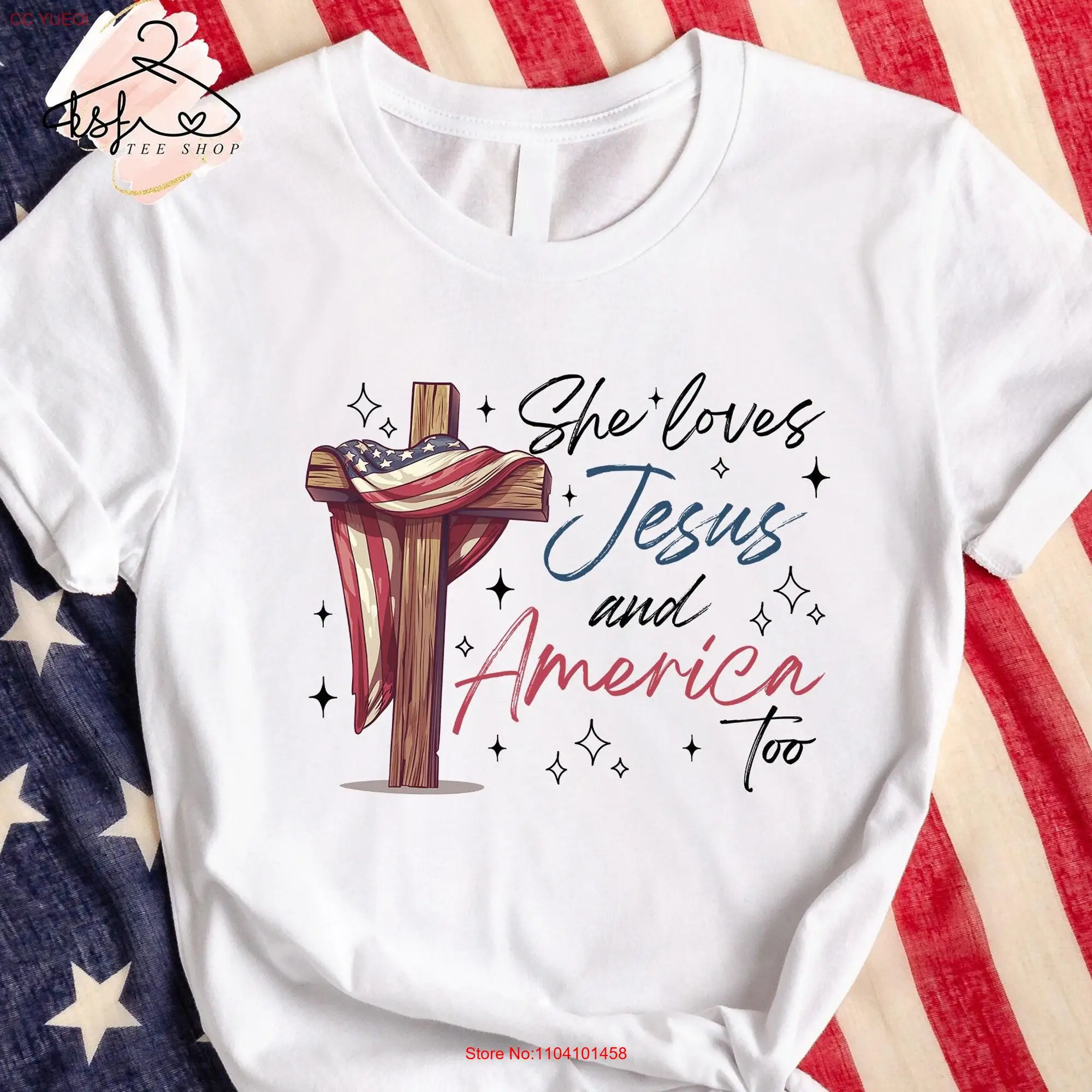 She Loves Jesus and America T Shirt Christian 4th of July Independence Day Cross USA Flag long or short sleeves