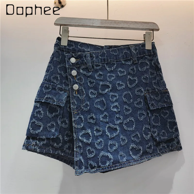 

2024 Spring and Summer New Fashion Short Culottes Jacquard Heart Trendy High Waist Loose Slimming Denim A-Line Skirt Female