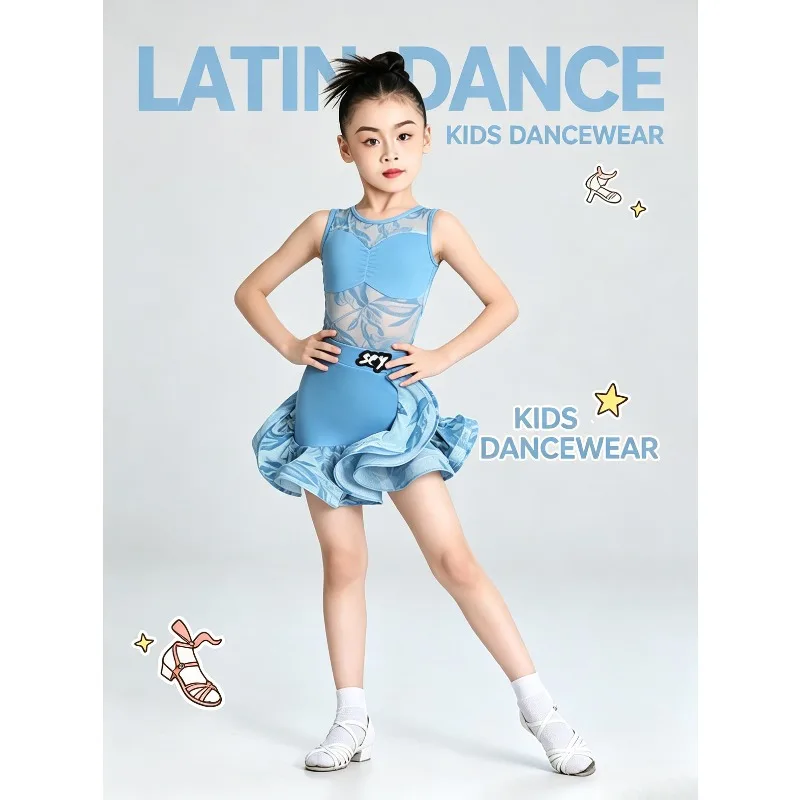 Girls Blue Latin Dance Costume 2026 Summer Kids Split Ballroom Dance Dress Professional Practice Stage Performance Dancewear Set - view 3