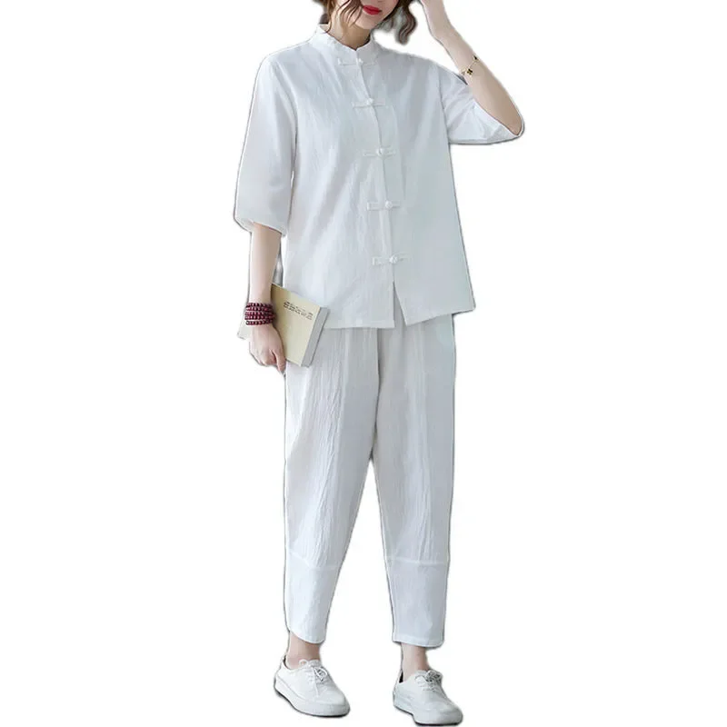 Chinese Style Women Solid Cotton Tang Suit 2PCS Shirt&Pant Hanfu Clothes Set Traditional Taichi Sets Breathable Kung Fu Suits