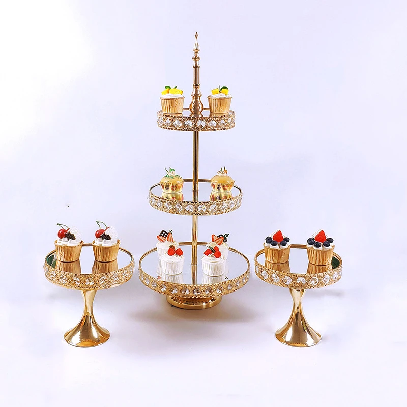 Conjunto de rack de bolo Rack de bolo vintage dourado com bandeja de exibição de cupcake de cristal