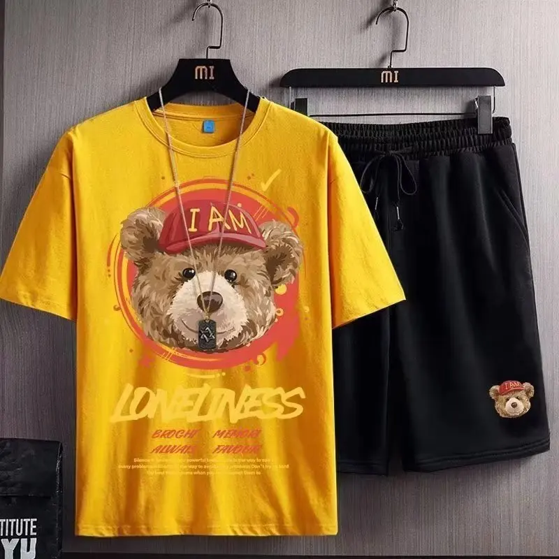 Summer Short Men Suits Bear Men's Sets Cotton Cartoon T-shirt Sport Shorts  High Quality Trend Printed Tracksuit Men Clothing