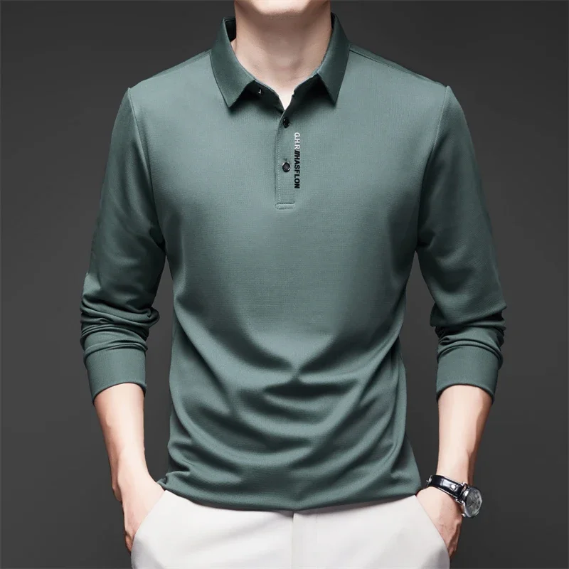 New Men\'s Business Casual Long Sleeved Shirt with Badge Solid Color Polo Shirt Fashionable Breathable Comfortable Versatile Top