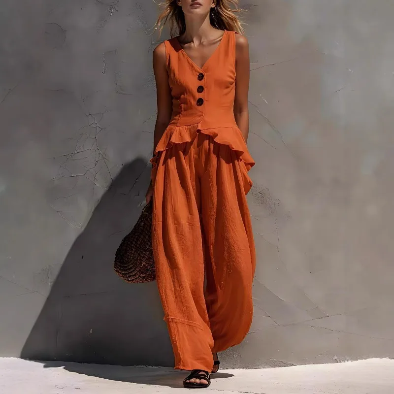 Spot Cross-border European and American Summer Fashion Sleeveless Twist Button V-neck Ruffle Edge Vest+hanging Wide Leg Pants