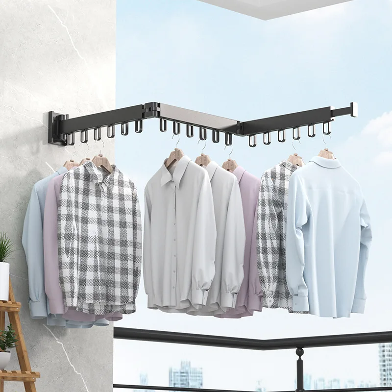 

Clothes punching dry cloth rack laundry hanger space aluminum wall-mounted three-fold folding drying telescopic indoor