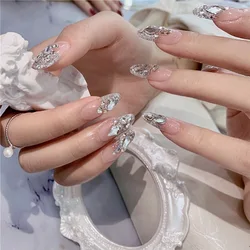 Reutilizáveis unhas falsas longas com diamantes, Bailarina Imprensa em pontas das unhas, rosa e prata Glitter, Vestindo Arte, 24 PCs/Set