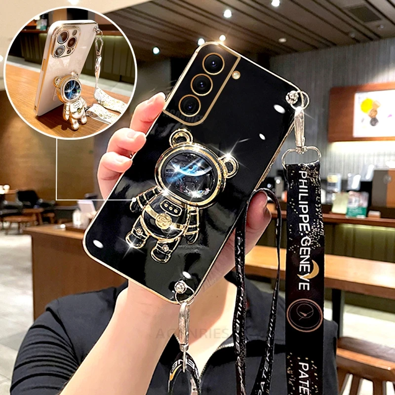 S 21 22 24 Crossbody Lanyard Plating Case For Samsung Galaxy S21 S22 S23 S24 Plus Ultra S20 Fe Silicone Stand Cover Note 10 20