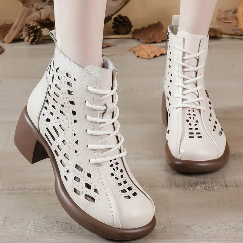 

Новинка 2023 года: весна-лето, сшитые вручную женские полые ботинки из воловьей кожи, туфли на плоской подошве, нескользящие ботильоны на шнуровке, повседневные кроссовки, ботинки