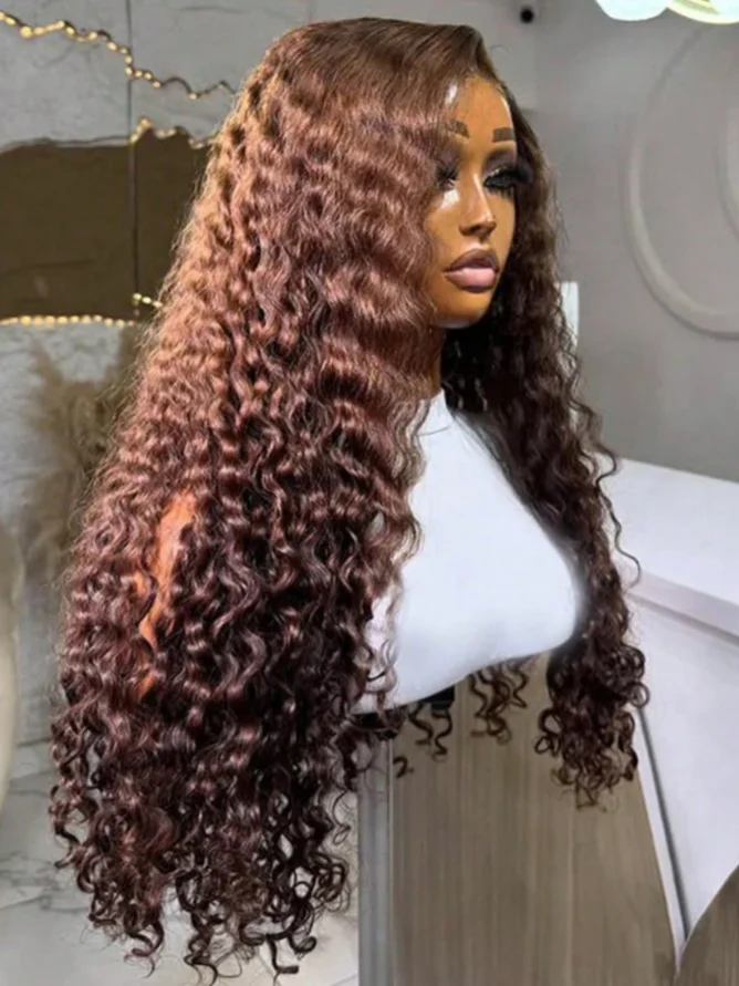 30 Inch Chocolate Brown Curly Lace Front Human Hair Wigs 13x4 Brazilian Deep Wave Transparent HD Lace Frontal Wig Bleached Wigs