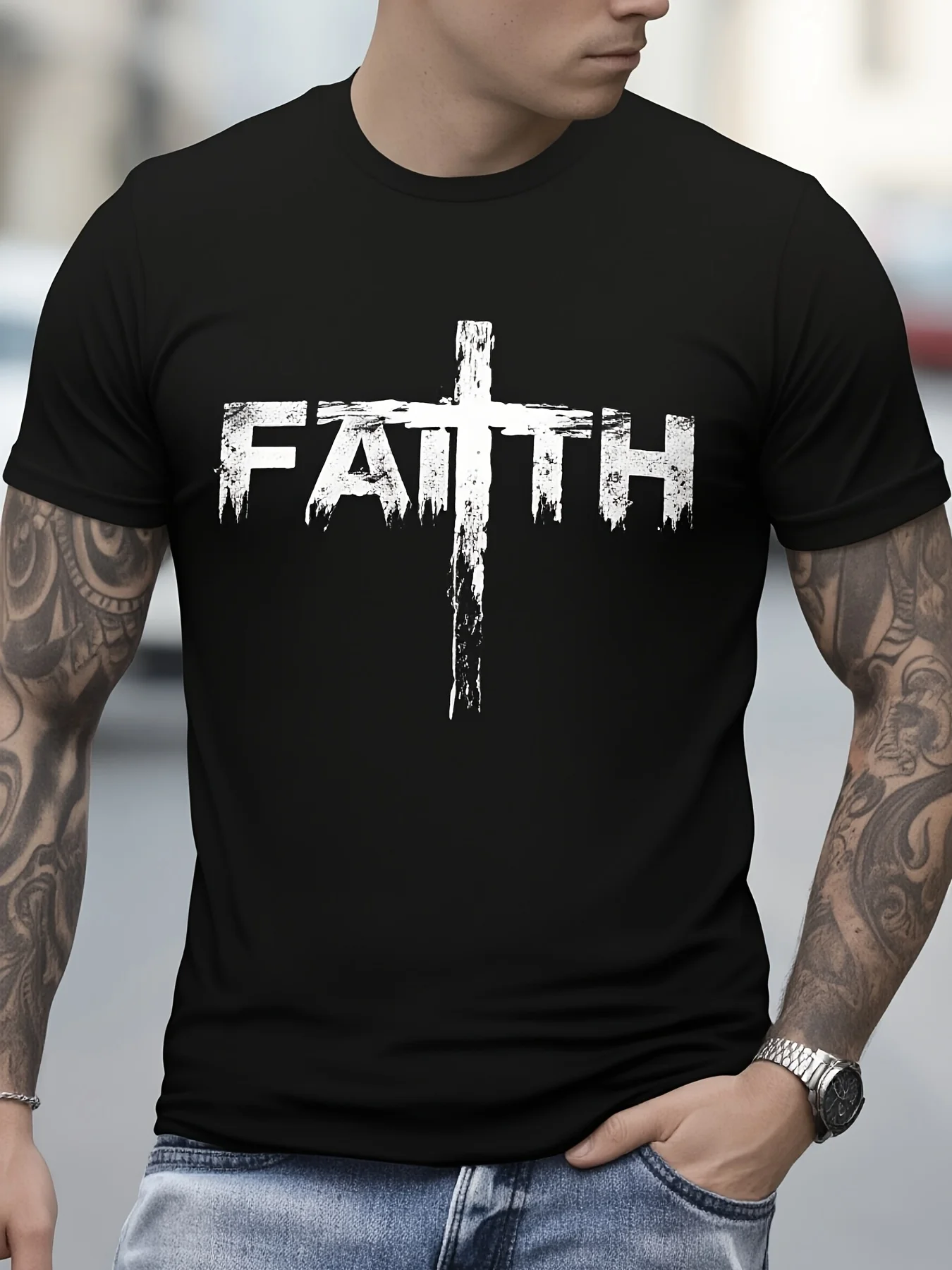 Men's Casual Short-Sleeve T-Shirt with Printed Faith Pattern (1-Pack) - Thick, Comfortable, Soft, and Cute Crew Neck Top - Retro Casual Short-Sleeve T-Shirt with Printed Pattern - Suitable for Daily Commuting and Outdoor Activities - Machine Washable