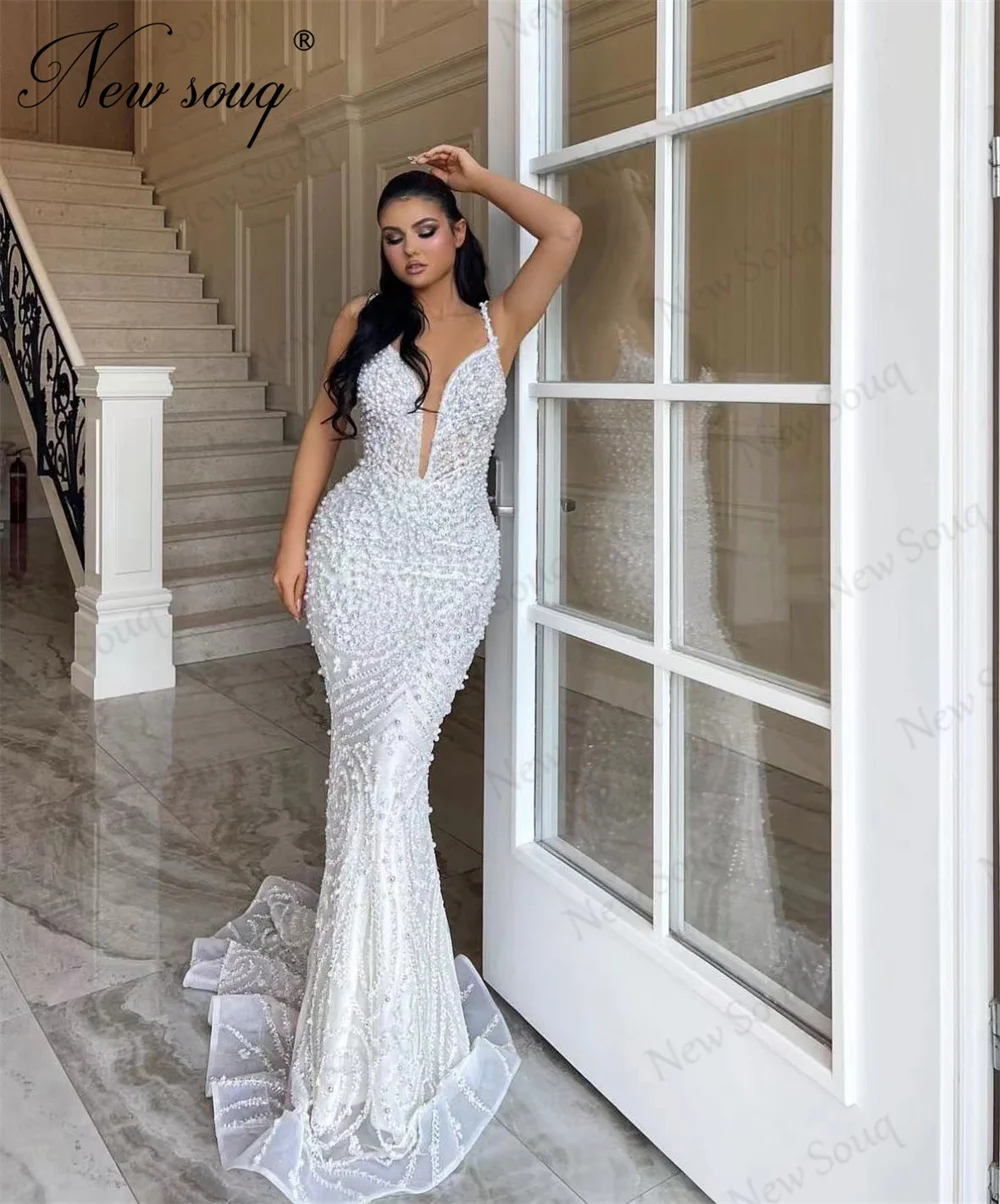 Nuovi eleganti abiti da sposa a sirena bianca Vestidos De Noiva arabia saudita gonna staccabile abiti da sposa perline abito lungo da sposa