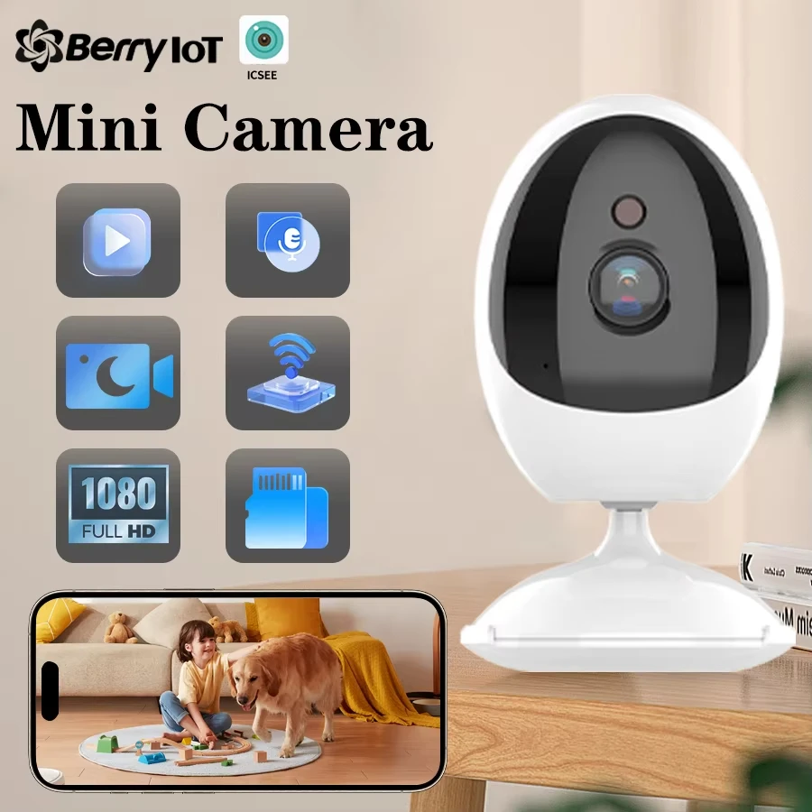 ICSee Mini Security Camera 2MP WiFi Indoor Baby Pet Monitor with Night Vision Human Detection Two-Way Audio Home Surveillance