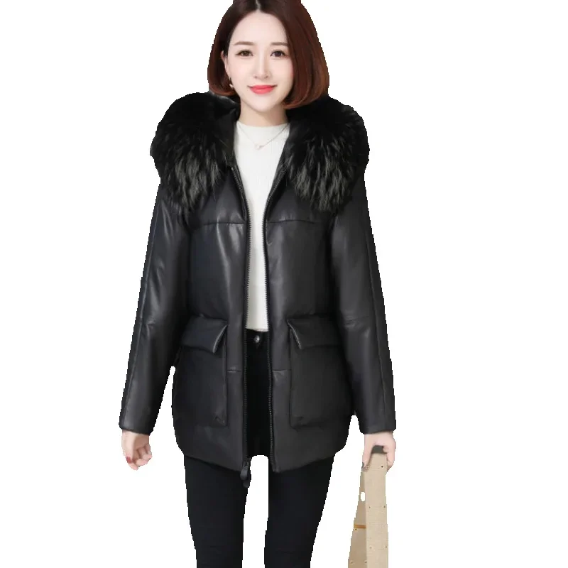 Leather Jacket For Women's New Genuine Leather Down Long Style Raccoon Fur Fashionable Temperament Jacket Loose Fitting