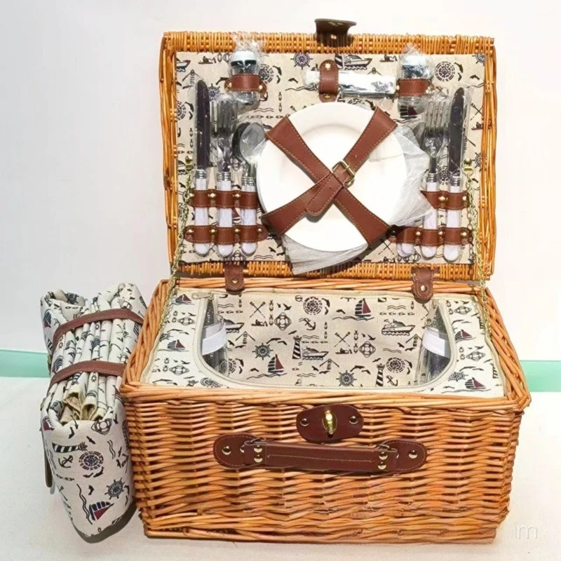 Wicker Picnic Basket for 4, Large Willow Picnic Hamper with Tableware & Portable Carry Handle for Camping, Outdoor & Travel view 2