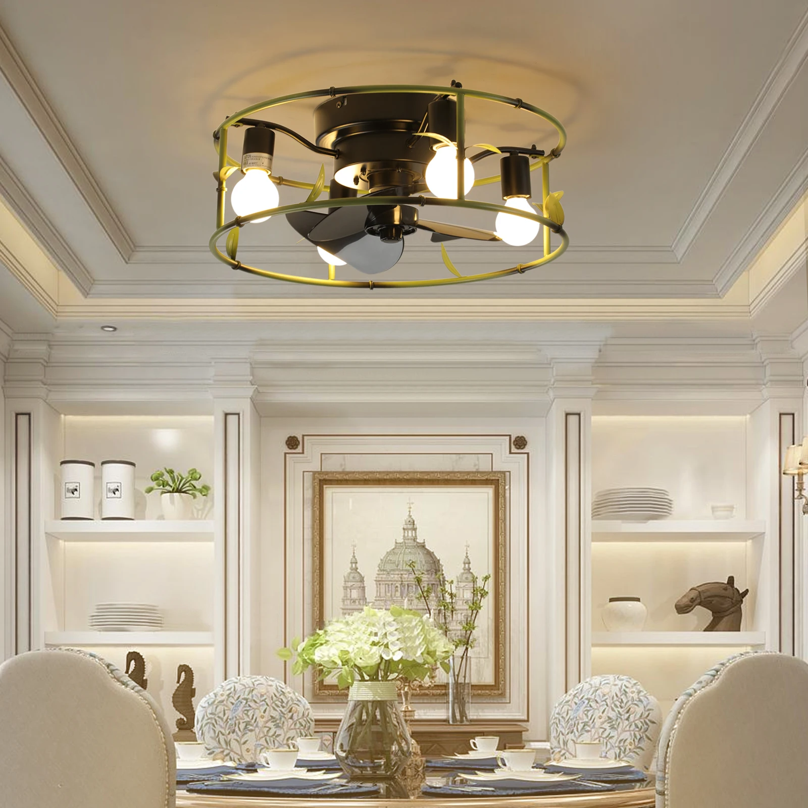 

Flush Mount 4-Blade Low Profile Ceiling Fan, Semi-Flush Mount Chandelier Fan,For Dining Room, Bedroom, Living Room