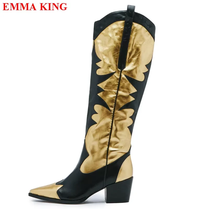 مختلط اللون حذاء بكعب سميك أحذية كاوبوي للنساء موضة أشار تو الانزلاق على حذاء برقبة للركبة الشتاء الخريف أحذية رعاة البقر الغربية