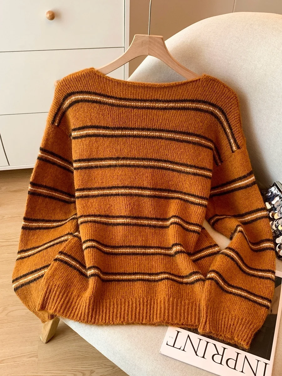 الكورية Sle جميلة البرتقال مخطط تريكو المرأة كسول سترة أوائل الخريف الشتاء Faion مكافحة الشيخوخة #2