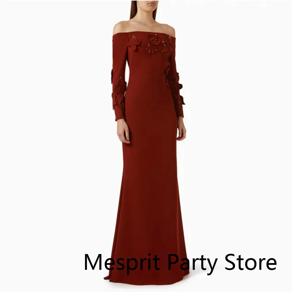 فستان حفلة موسيقية عنابي طول الأرض وأكمام طويلة قبالة الكتف مطرز بالخرز Fساتين للمناسبات الرسمية حورية البحر E