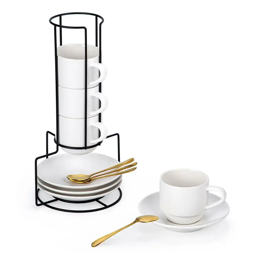 

8 Ounce Porcelain Cappuccino Cups Set of 4, Stackable Coffee Cups with Saucers, Spoons and Metal Stand for Specialty Coffee Drin