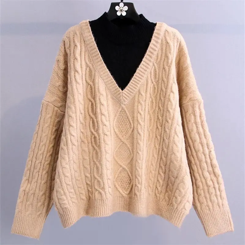 Modny sweter damski z golfem, imitacja dwuczęściowego kompletu, luźny krój, jesień-zima, nowy, gruby, w stylu retro.