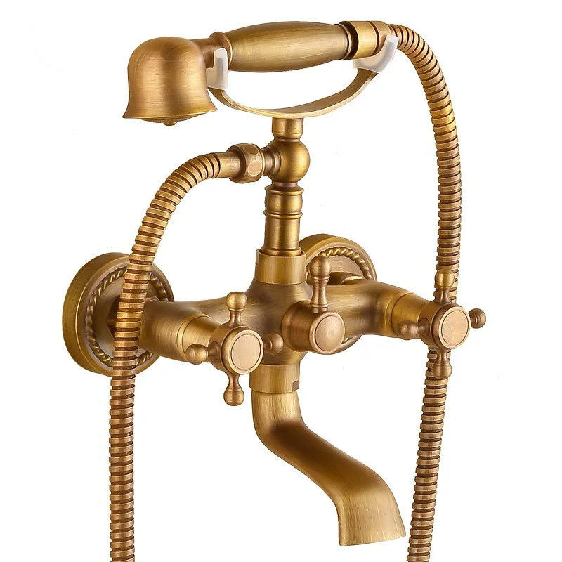 

Brass antique bathtub faucet set, twist base into wall double handle set for bath
