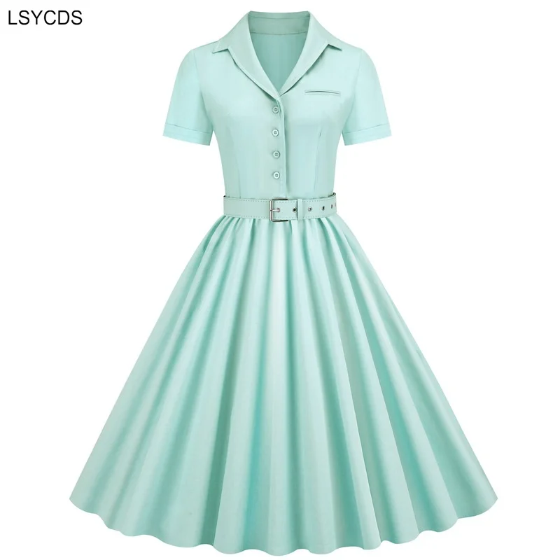 LSYCDS Solid Cotton Long Women Party Dress Robe Button Up Plain Vintage Elegant Short Sleeve Belted Pleated Midi Swing Dresses