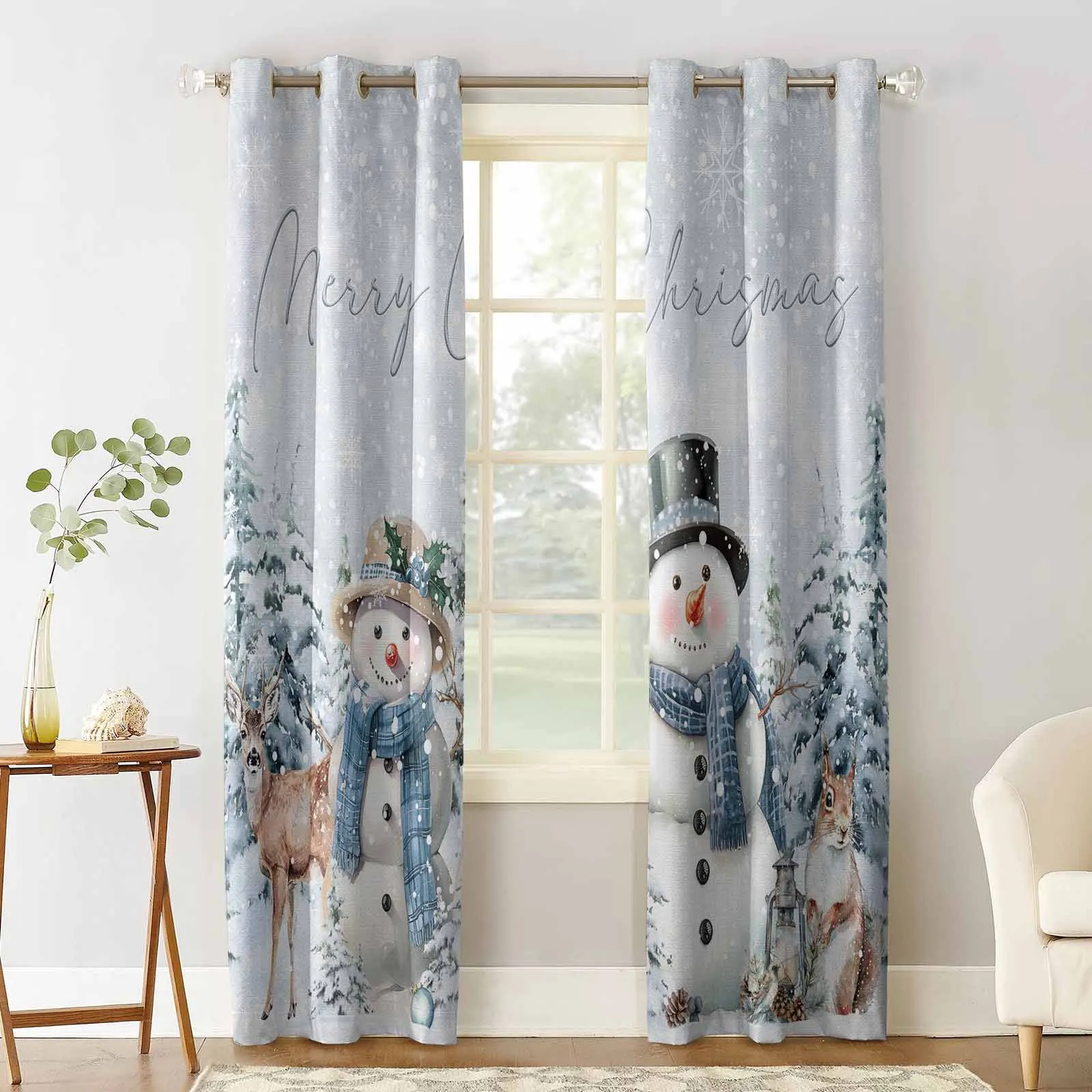 Christmas Snowman Tree Elk Squirrel Curtains For Living Room Kids Bedroom Window Curtain Hall Drape Long Cortinas