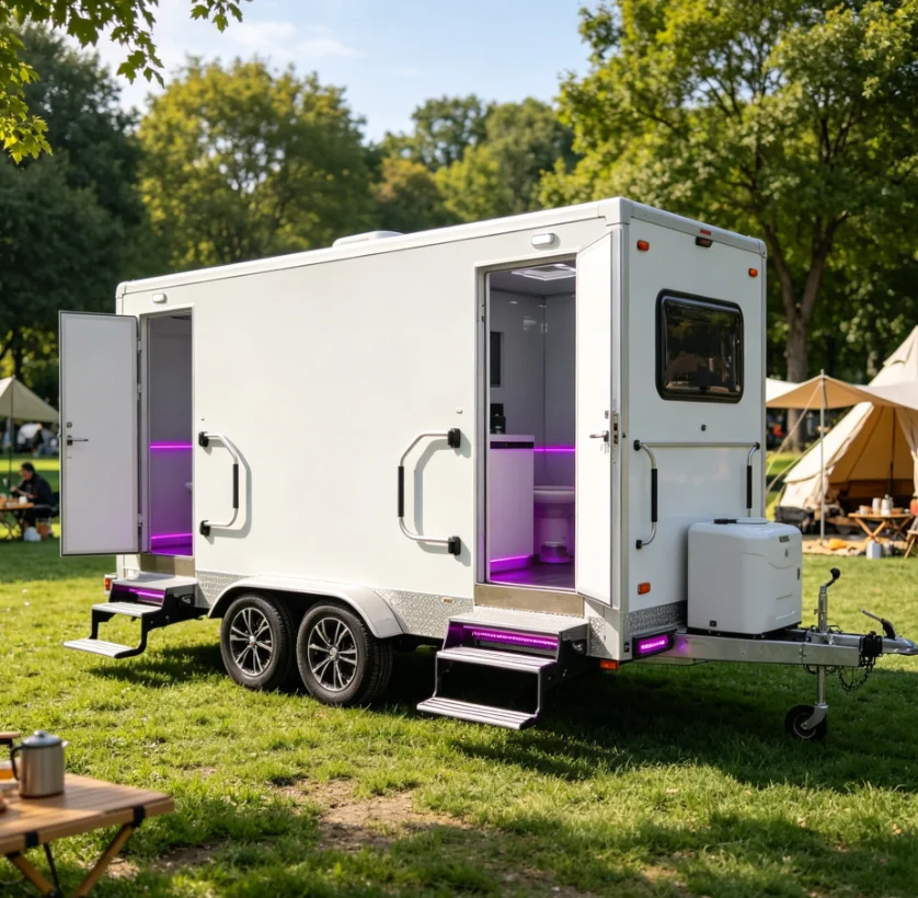 Remorque Sanitaire Portable 2 Cabines – Station de Toilettes Mobiles de Luxe pour Événements Corporatifs Haut de Gamme et Espaces Publics